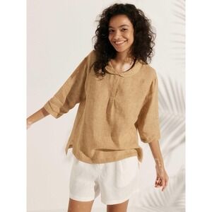 Lintico 100% Linen Shawl V-Neck Half Sleeve Top JADE In Sand Size Large